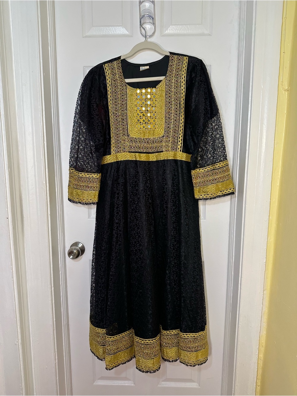 Traditional Afghan Black & Gold Embroidered Dress With Scarf